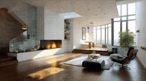 Bright Minimalist Living Room With Fireplace And Mid Century Chair