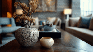 Luxury Living Room With Decorative Vases And Floral Arrangement