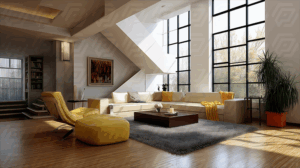 Sunlit Modern Living Room With Yellow Accents and Large Windows