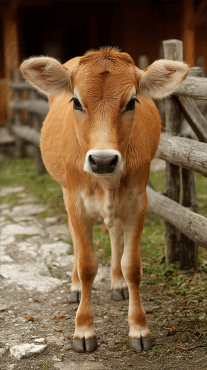 Small Calf Standing Near Wooden Fence On Village Path