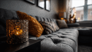 Ambient Candlelight And Cozy Sofa Setting In Contemporary Living Space