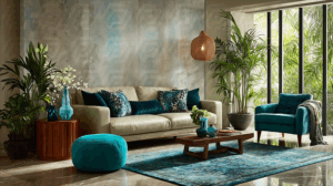 Modern Beige Sofa with Teal Accents in Sunlit Living Room