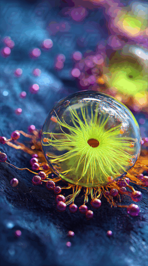 Abstract Bioluminescent Cell With Neon Fibers In a Glass Sphere