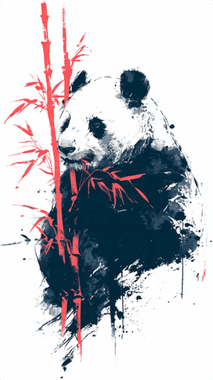 Panda Eating Bamboo in Abstract Red and Blue Ink Style