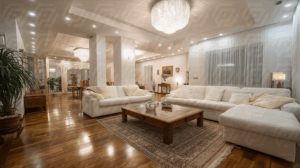 Spacious Elegant Living Area with Crystal Chandeliers