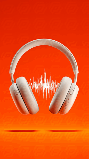 Modern Beige Headphones With Audio Wave On Orange Background