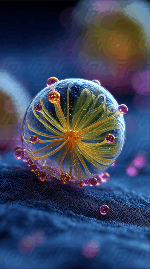 Transparent Sphere With Organic Orange and Pink Tendrils on Blue Surface