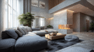 Sunlit Contemporary Living Room With Fireplace And Indoor Greenery