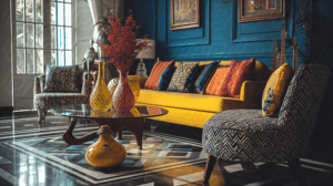 Vibrant Yellow Couch with Artistic Glass Vases on Coffee Table