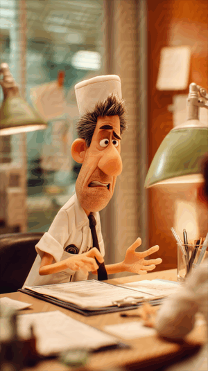 Animated Chef Character Expressing Concern During Discussion