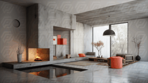 Minimalist Living Room With Concrete Fireplace And Modern Japanese Decor