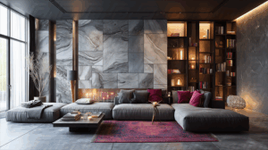 Luxurious Lounge With Marble Accents and Modern Fireplace