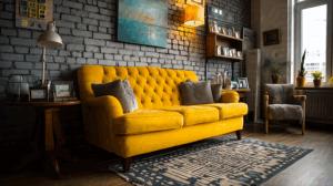 Cozy Industrial Living Room with Mustard Tufted Sofa