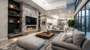 Modern Living Room With Built-In Fireplace And Open Concept Layout