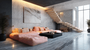 Minimalist Living Room With Floating Stairs and Coral Sofas