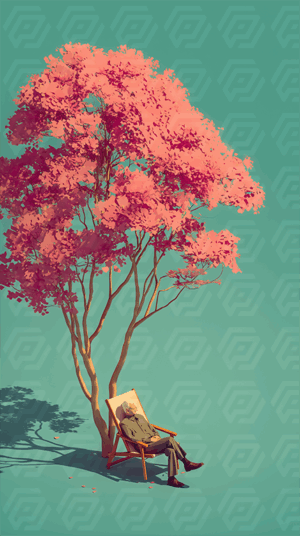 Man Resting Under Pink Tree in Surreal Minimalist Setting