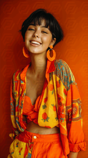 Joyful Woman In Vibrant Orange And Yellow Patterned Outfit