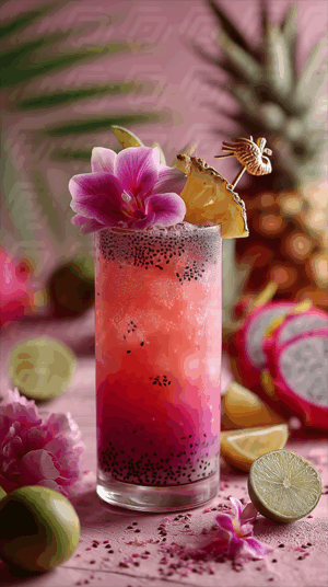 Vibrant Tropical Dragon Fruit Cocktail With Orchid and Pineapple Garnish