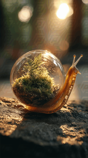 Snail With Transparent Terrarium Shell In Golden Forest Light