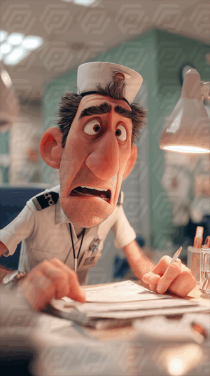 Cartoon Nurse Stressed While Filling Out Paperwork