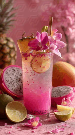 Sparkling Pink Dragon Fruit Lemonade With Tropical Flowers and Pineapple