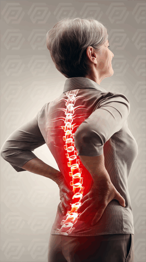 Elderly Woman with Spine Pain Highlighted in Red