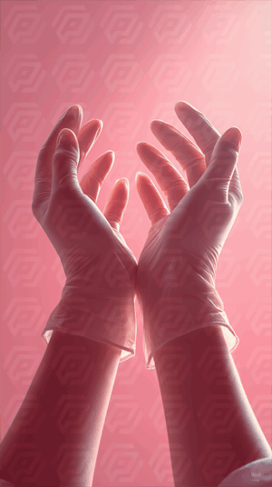 Hands in Latex Gloves Reaching Toward Light