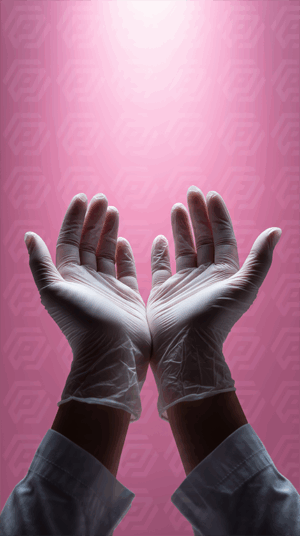 Open Hands in Latex Gloves Against Pink Light