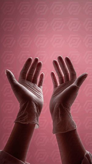 Hands Wearing Protective Gloves Against Pink Background