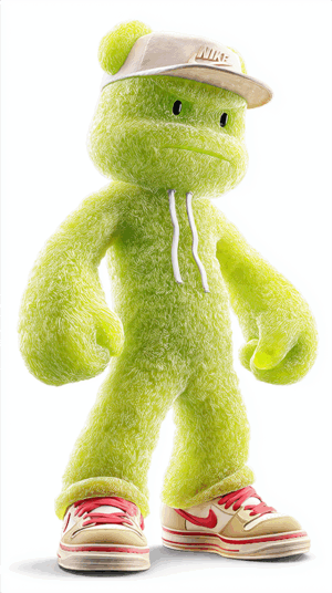 Lime Green Furry Bear Character in Sneakers and Cap Standing Confidently