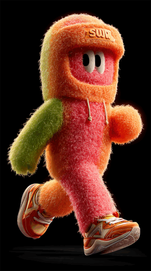 Fuzzy Multicolor Character in Motion with Sporty Attire and Playful Energy