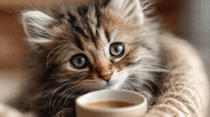 Fluffy Kitten Staring Curiously at a Cup on Cozy Blanket