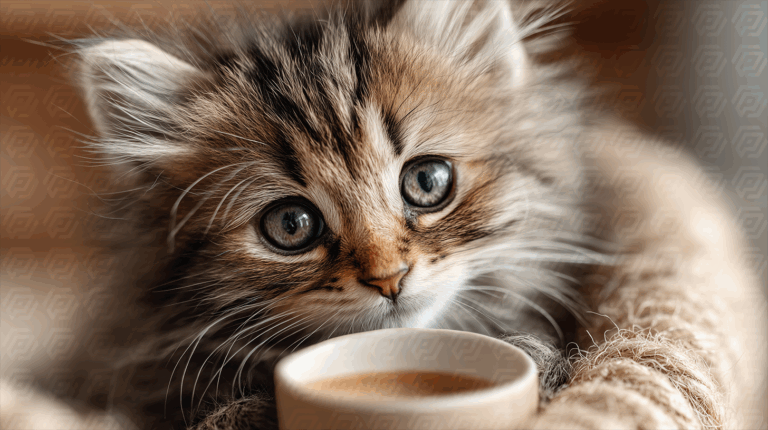 Fluffy Kitten Staring Curiously at a Cup on Cozy Blanket
