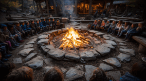 Children Sitting Around a Glowing Campfire at Rustic Lodge