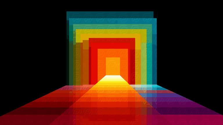 Abstract Tunnel of Overlapping Colorful Rectangles with Glowing Path