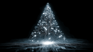 Futuristic Digital Tree Formed By Circuit Lights In The Dark