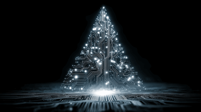 Futuristic Digital Tree Formed By Circuit Lights In The Dark