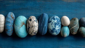 Colorful Polished Stones Aligned on Blue Wooden Background