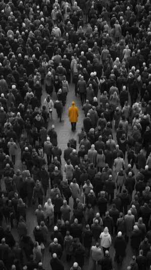 Lone Person in Yellow Coat Walking Through a Dense Crowd