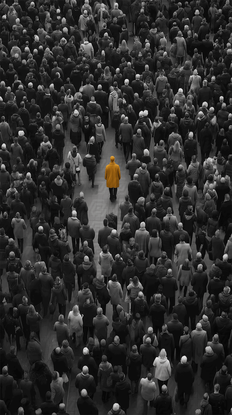 Lone Person in Yellow Coat Walking Through a Dense Crowd