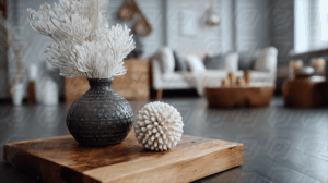 Modern Rustic Living Room Decor with Ceramic Vase and Decorative Orb