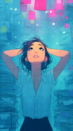 Woman Looking Up Amid Floating Documents and Tall Paper Stacks