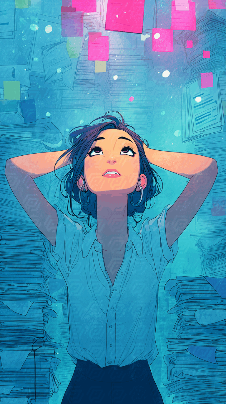 Woman Looking Up Amid Floating Documents and Tall Paper Stacks