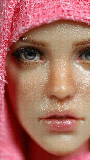 Close-Up Portrait of a Woman With Glossy Skin Wearing a Pink Hood