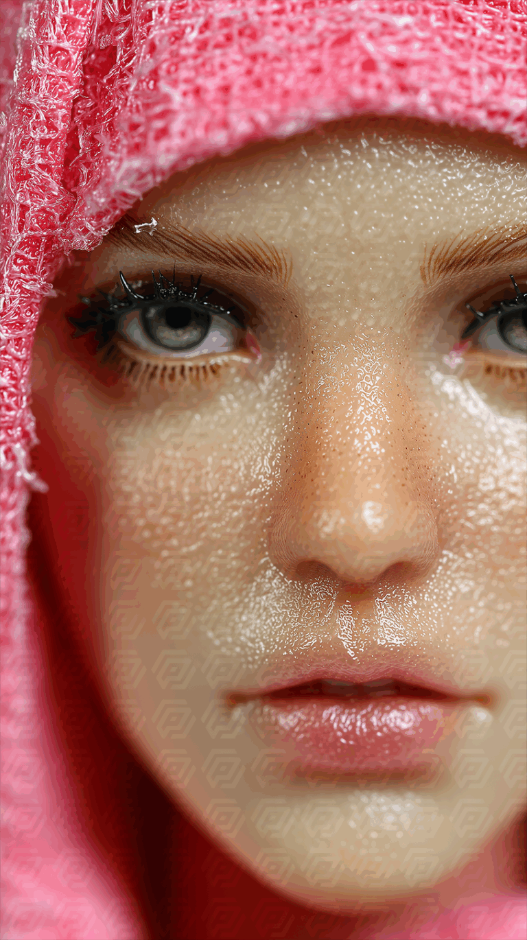 Close-Up Portrait of a Woman With Glossy Skin Wearing a Pink Hood