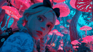 Curious Girl in a Surreal Glowing Mushroom Forest