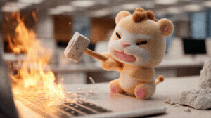 Angry Cartoon Cub Smashing Laptop with Hammer in Office Fire
