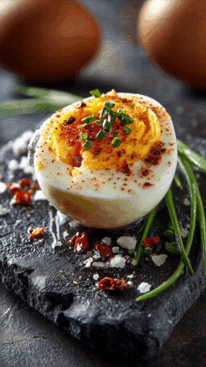 Spicy Soft-Boiled Egg Garnished with Chives and Chili