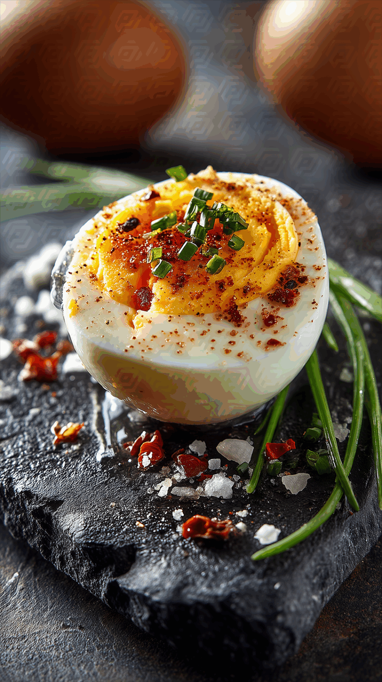 Spicy Soft-Boiled Egg Garnished with Chives and Chili