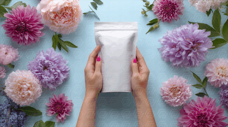 Hands Holding Blank Pouch Surrounded By Colorful Flowers Marketing Mockup